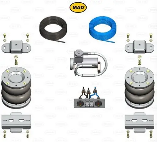 RENFORT DE SUSPENSION AIR ARRIERE (BOUDINS) POUR FORD RANGER ET VOLKSWAGEN AMAROK A PARTIR DE 2023 (AVEC COMPRESSEUR ET MANOMETRE DOUBLE COMMANDE) Paiement Sécurisé