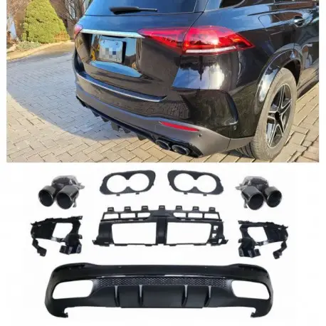 DIFFUSEUR COMPLET LOOK GLE 53 AMG FULL BLACK POUR MERCEDES GLE SUV W167 (20-24) PACK AMG - EMBOUTS D'ECHAPPEMENT ROND NOIR Livraison Gratuite