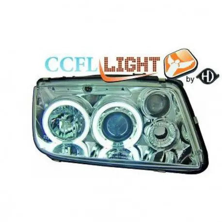 Vente Directe SET DE DEUX PHARES AVANT FOND CHROME ANGEL EYES AU CCFL POUR VW BORA BERLINE ET BREAK (98-05) - PAS POUR XENON - H1/H1/H3