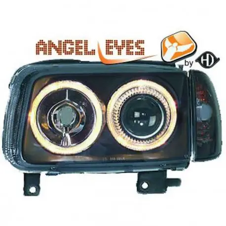 SET DE DEUX PHARES AVANT DESIGN ANGEL EYES À FOND NOIR POUR TOUTES VW POLO 6N2 (99-01) AVEC CLIGNOTANT - H7/H7 Commander Vite