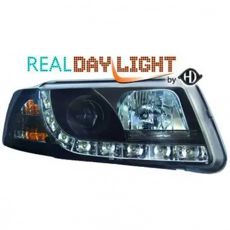 SET DE DEUX PHARES AVANT DESIGN À LED À FOND NOIR POUR TOUTES VW PASSAT 3B (96-00) - FEUX DE JOUR R87 & CLIGNOTANT Acheter En Ligne