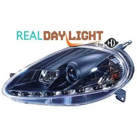Authentique SET DE DEUX PHARES AVANT DESIGN FIAT GRANDE PUNTO (05-09) AVEC CABLAGE FEUX DE JOUR R87 - NOIR - MOD2 - H1&H1 - AVEC REGLAGE HAU