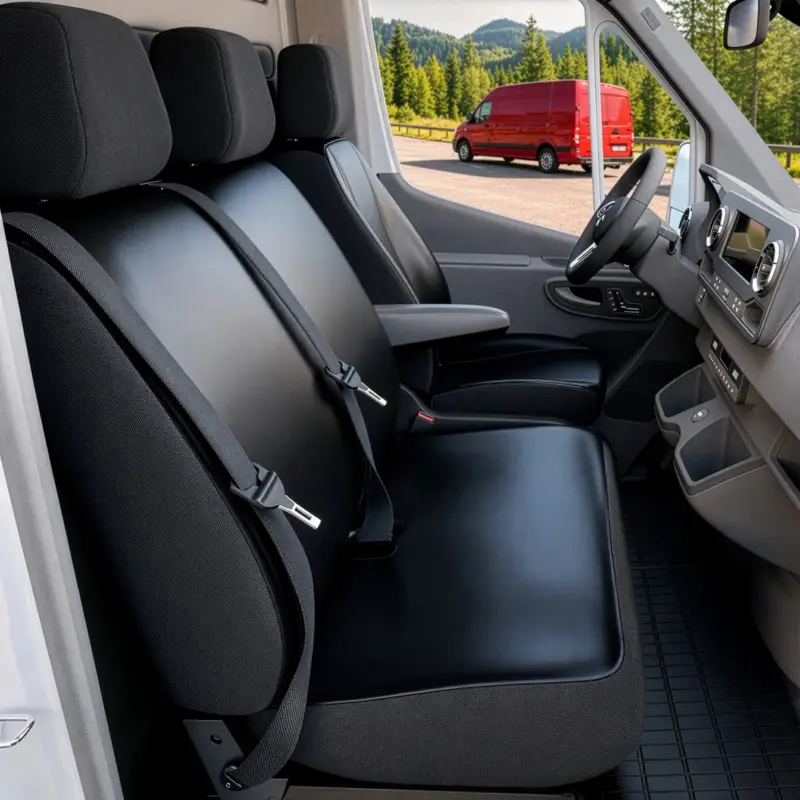Bon Plan Housse de siège Transporter en simili cuir pour VW Crafter, Mercedes Sprinter, 1 siège individuel à l'avant (évidement accoudoir) & double banquette avant rabattable